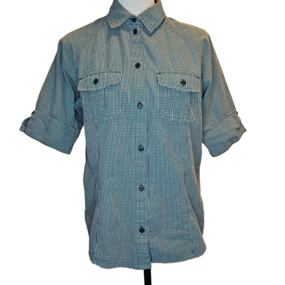 REI Size Medium Green and White Check Button-Up Hiking Shirt